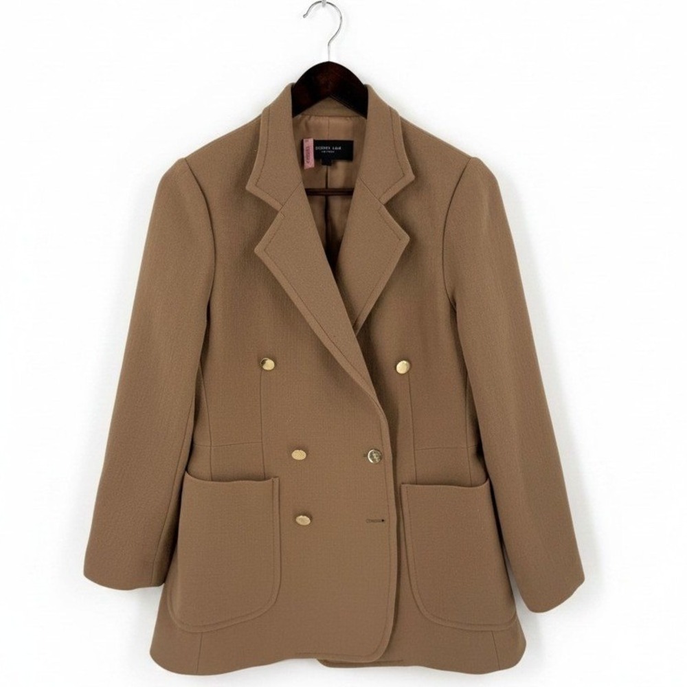 Derek‎ Lam Double Breasted Blazer Gold Button Camel Lined Mid Length Chest 40